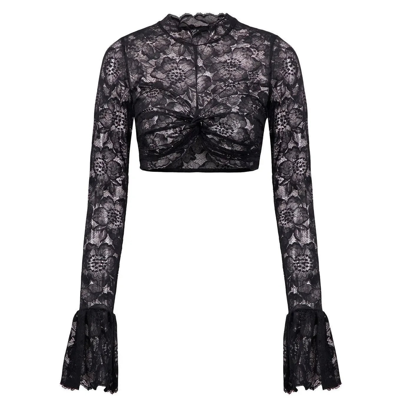 black lace long-sleeve crop top, evening look