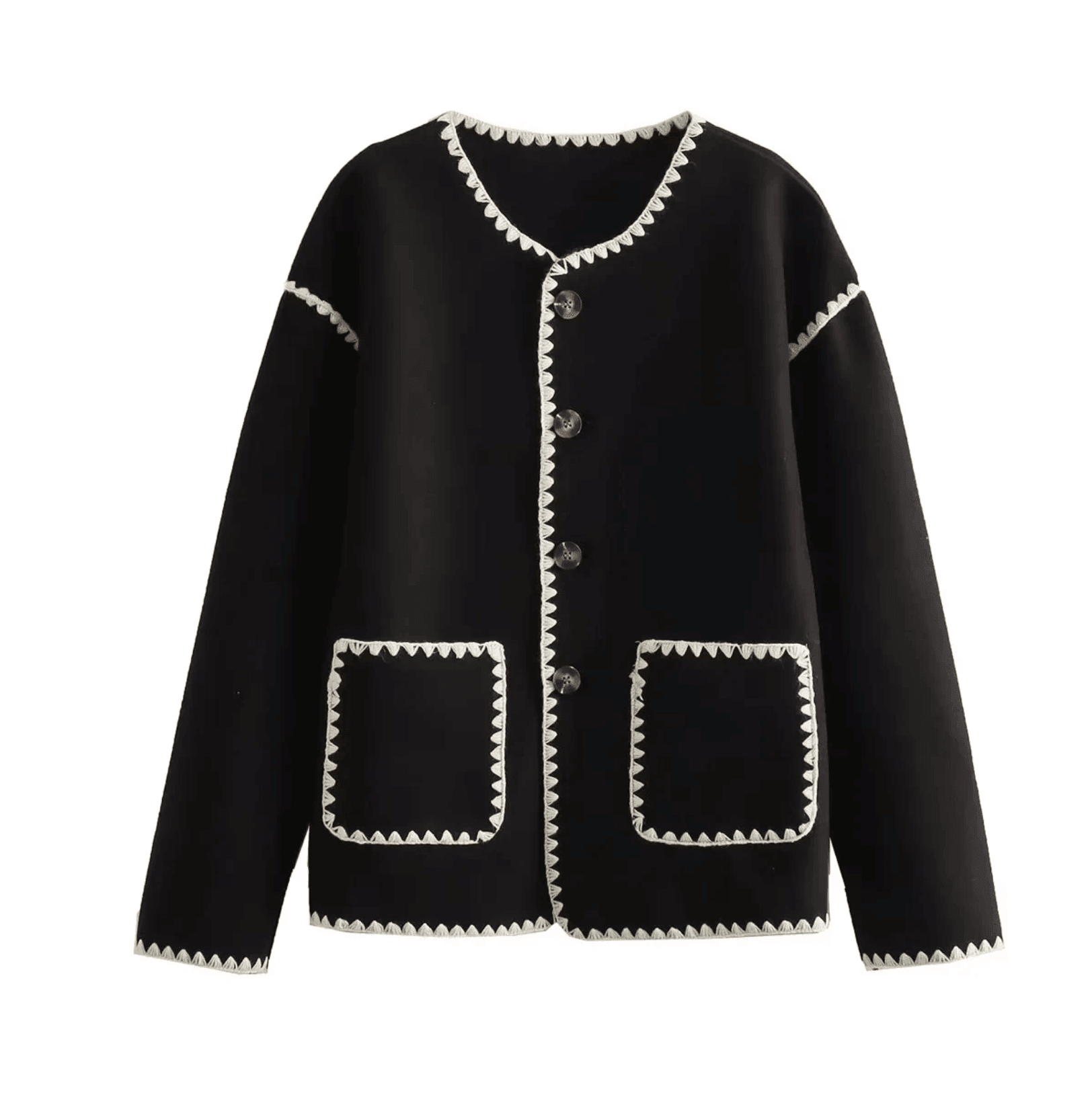 Black button-up cardigan with contrast triangle trim details, casual layering piece