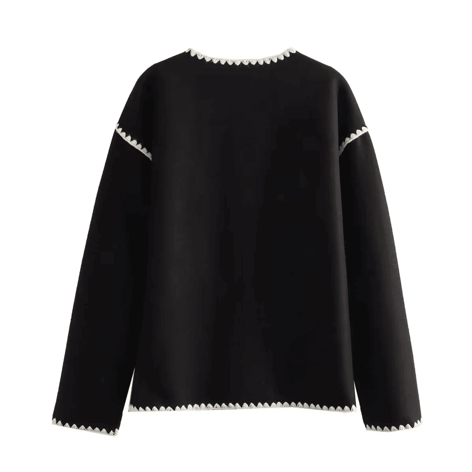 Long-sleeve black blouse with contrast scalloped trim detailing, versatile casual and chic top