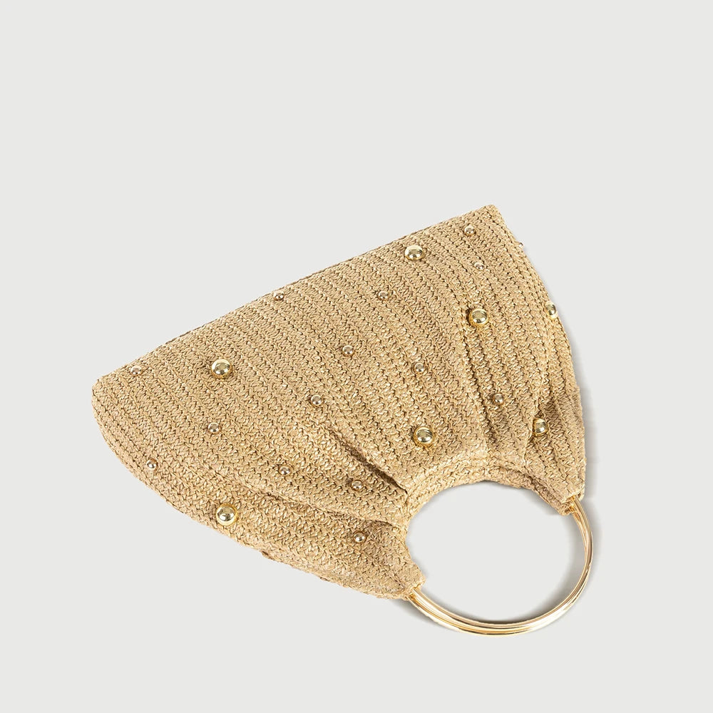 Beaded metallic clutch with circular handle, elegant evening accessory