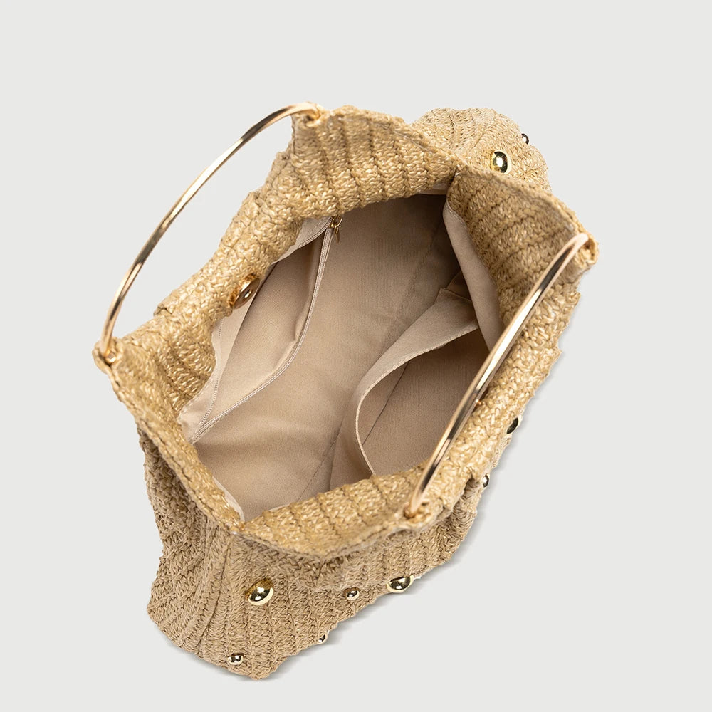 Woven straw tote bag with gold ring handles, casual chic accessory