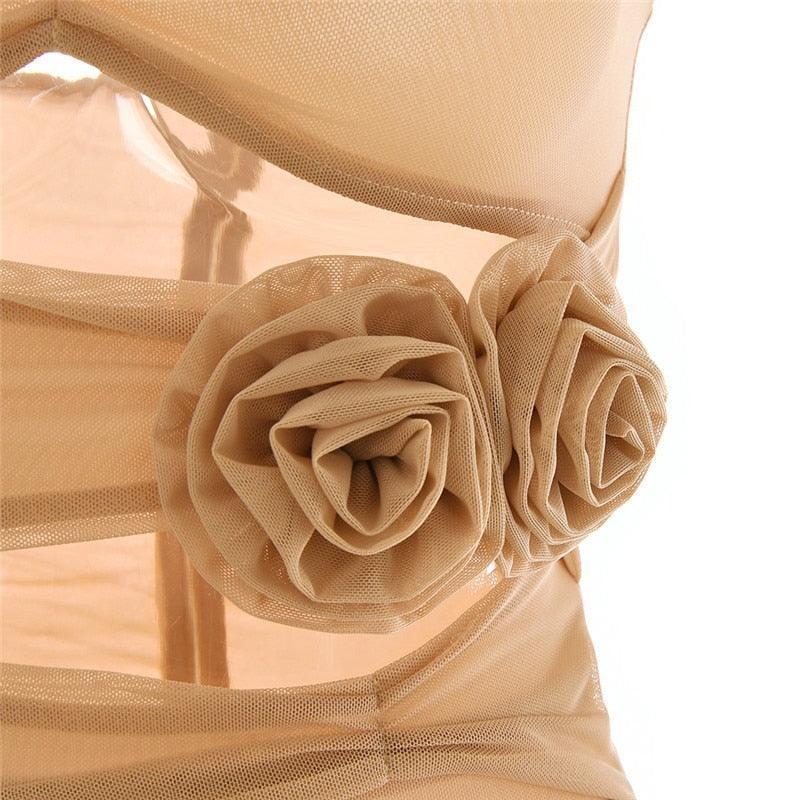 Sheer mesh dress with floral applique, elegant evening wear.