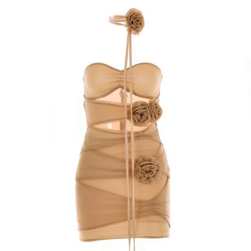 Beige mesh mini dress with floral accents, ideal for a night-out look.