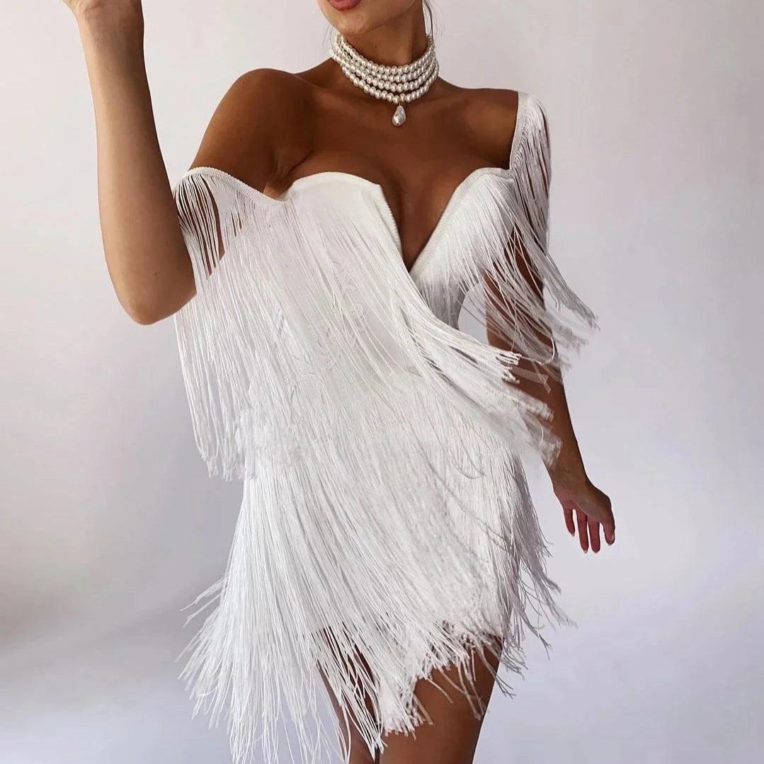 Celestial Chic Tassel Off Shoulder Mini Dress - White / XS - Mermaid Way