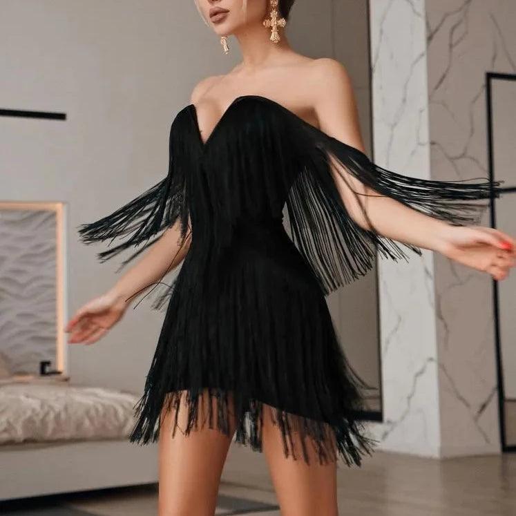 Celestial Chic Tassel Off Shoulder Mini Dress - Black / XS - Mermaid Way