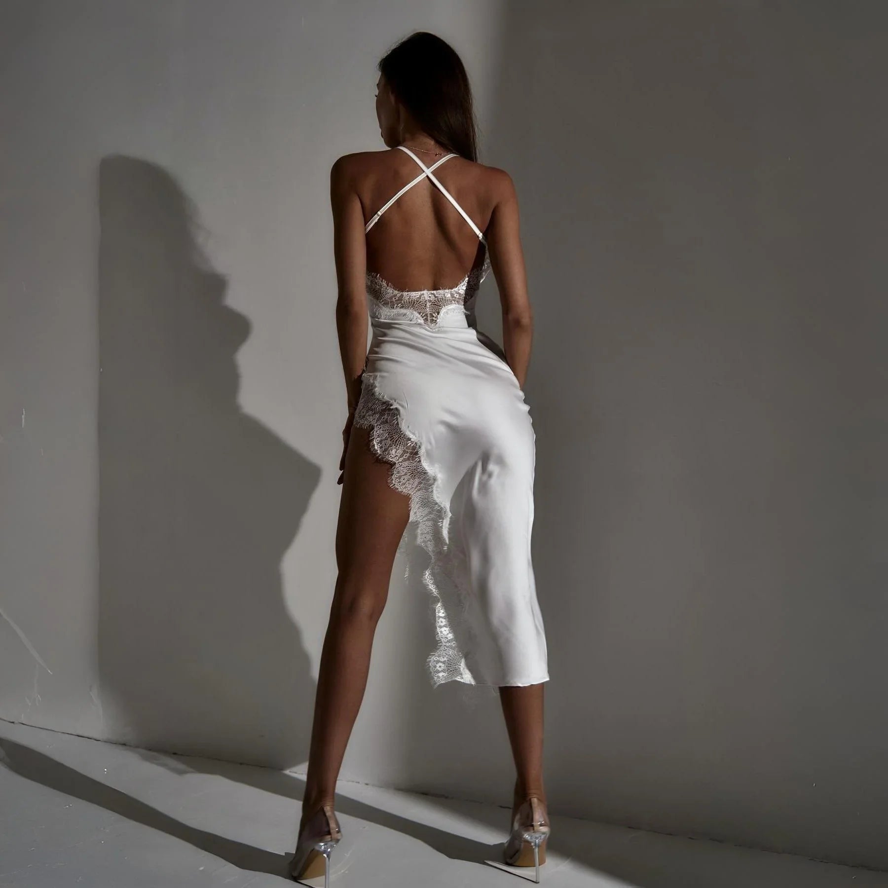satin lace-backless dress with side slit, evening wear