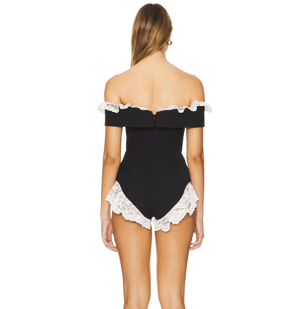 Off-shoulder lace-trim bodysuit, elegant party outfit