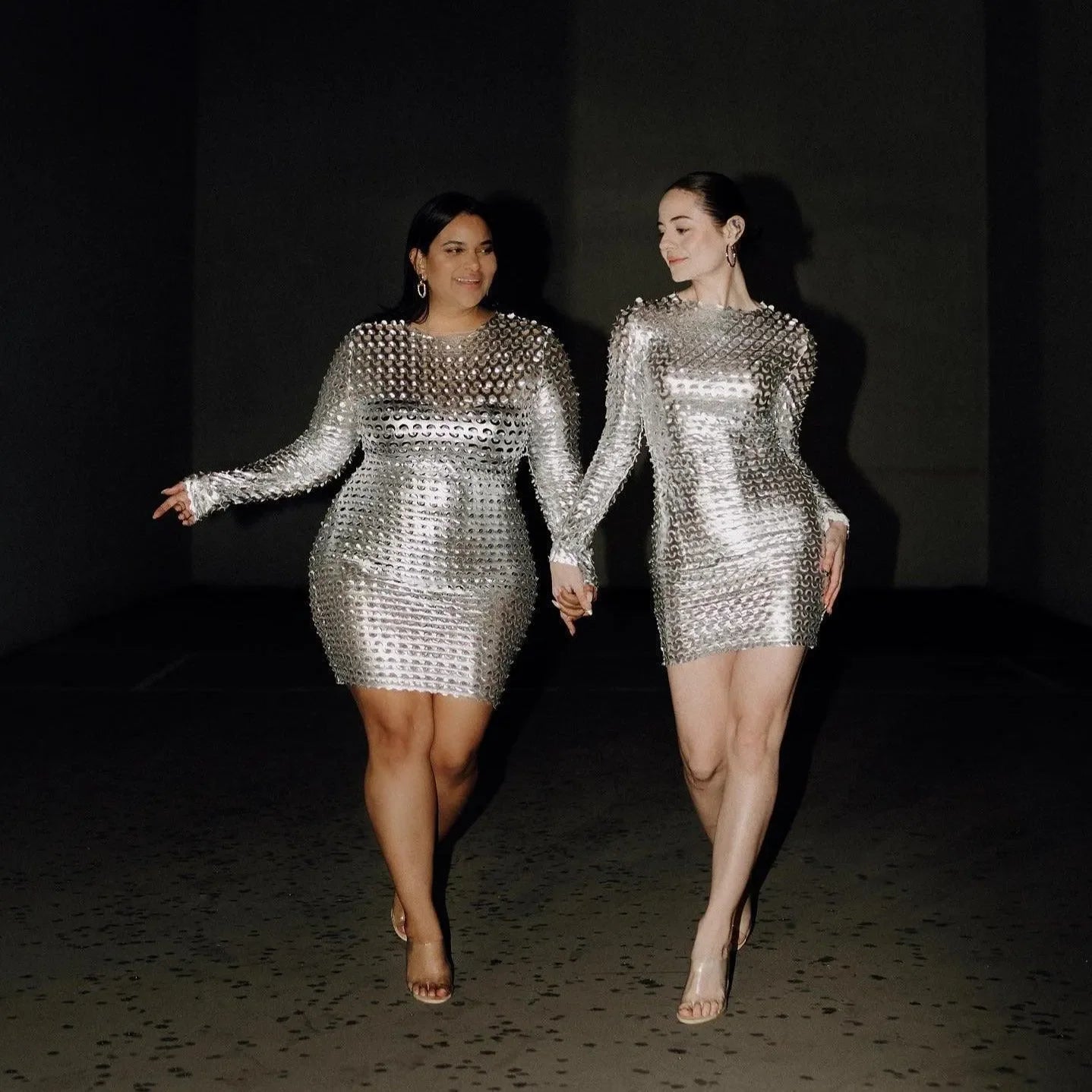 Silver sequin mini dress with long sleeves, statement party outfit