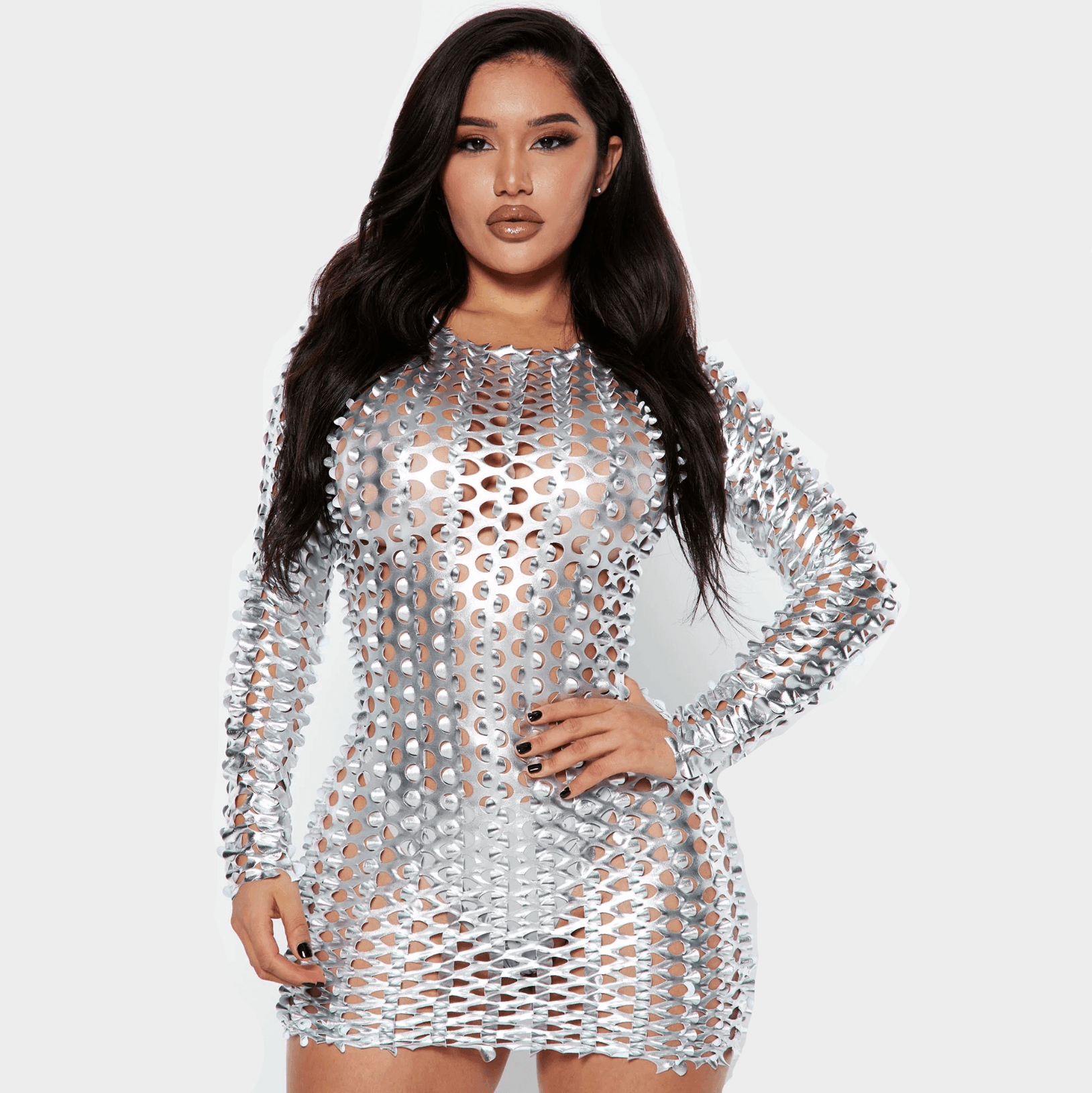 Metallic mesh long-sleeve mini dress, bold party outfit