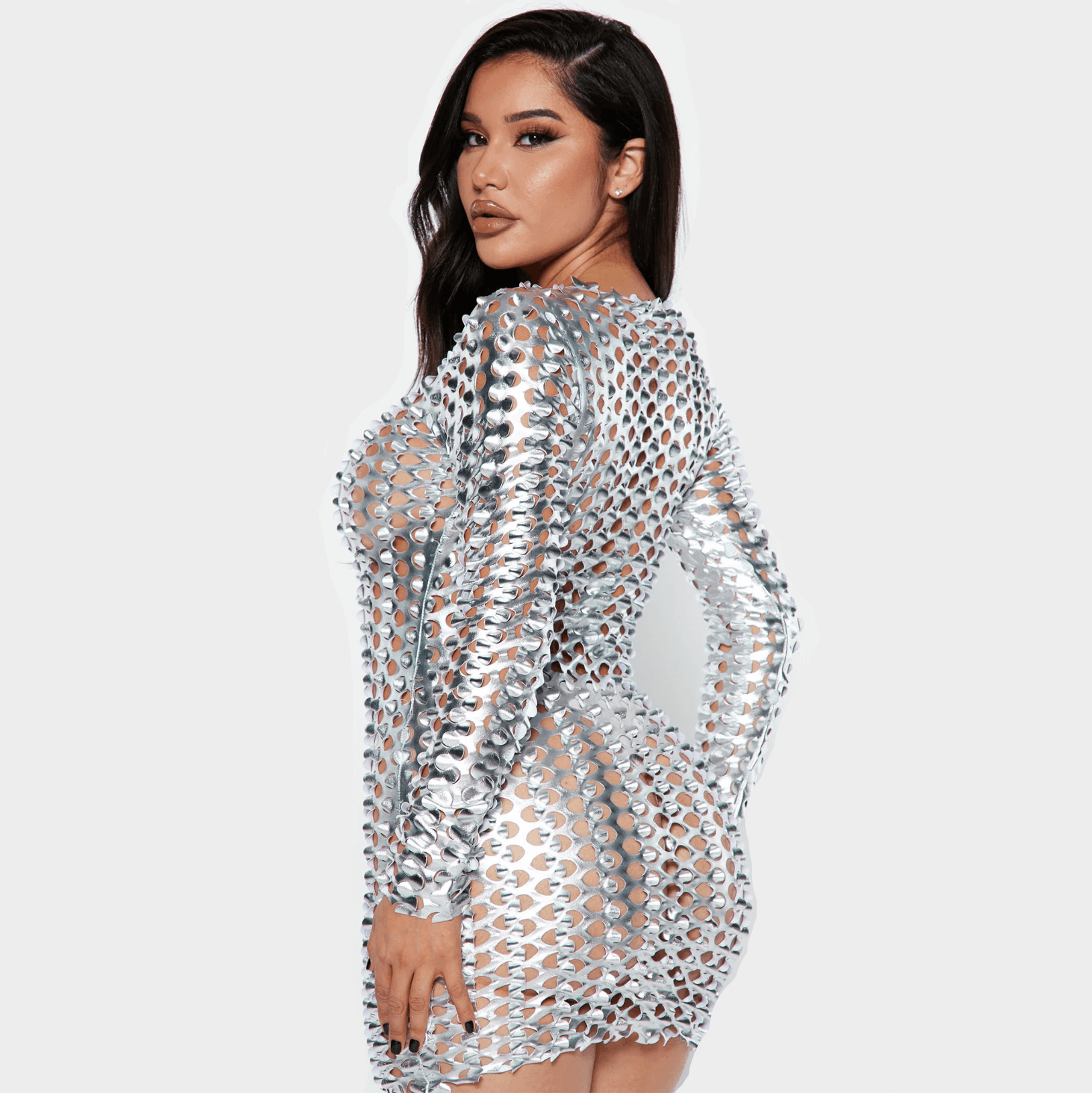 silver mesh mini dress with cut-out design, party outfit