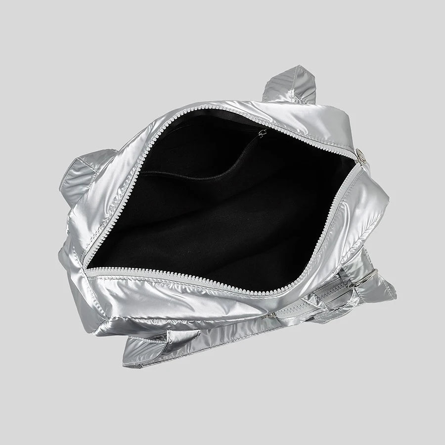 metallic silver handbag with zip closure