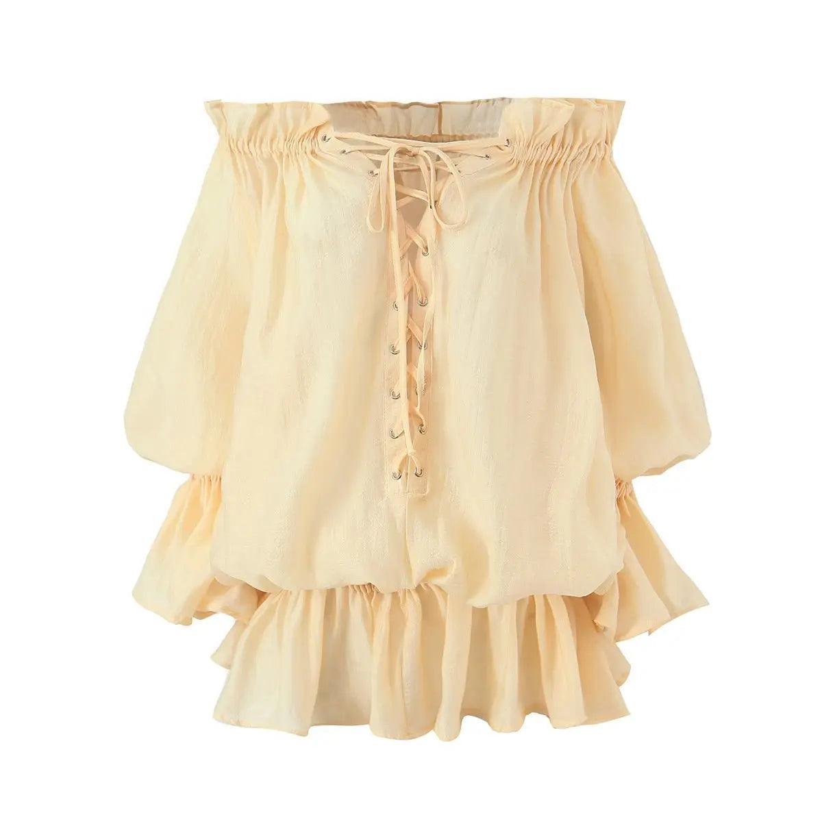 Off-shoulder lace-up ruffle mini dress, boho-chic styling.