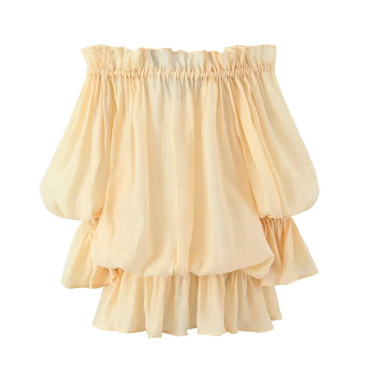 Off-the-shoulder ruched blouse with layered ruffles, chic daytime look