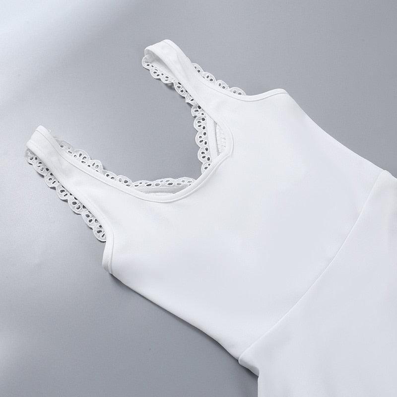 white sleeveless dress with lace trim