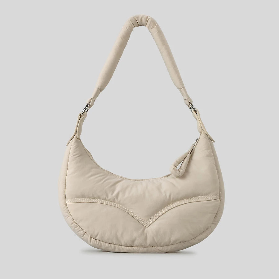Beige puffer-style shoulder bag, casual accessory