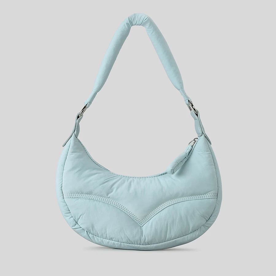 Light blue nylon hobo bag with padded strap, casual accessory