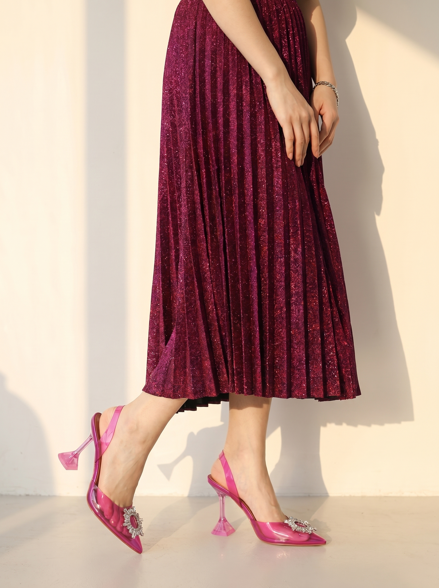 pink crystal-embellished heels with unique geometric heel