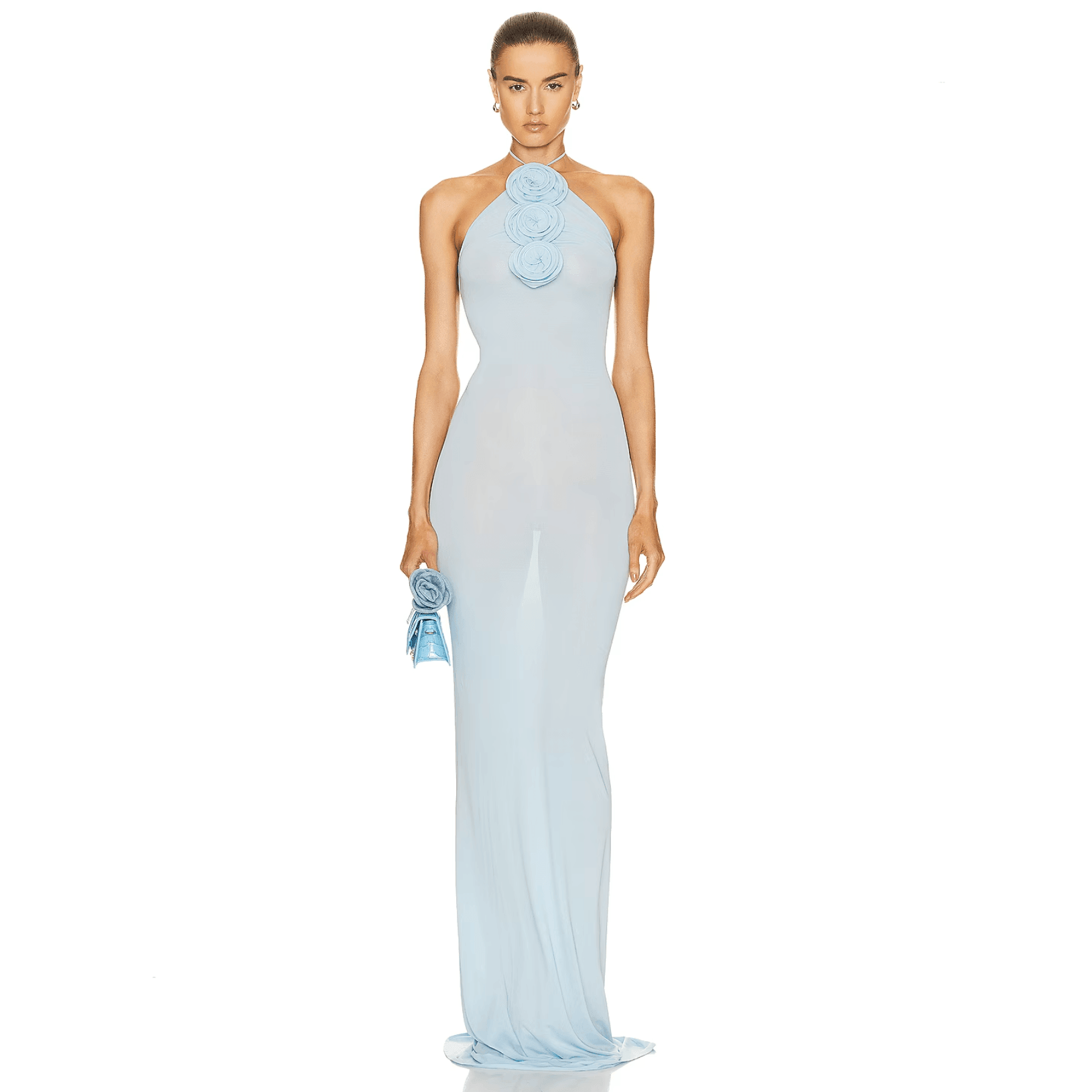 Sheer halter-neck gown with floral embellishments, formal evening attire.