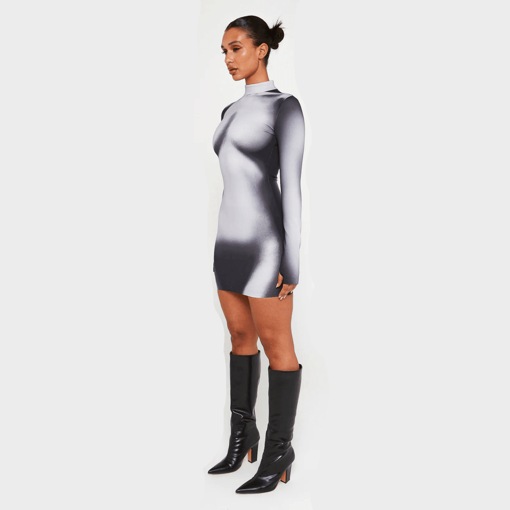 High-neck ombre mini dress with long sleeves, chic night-out look.