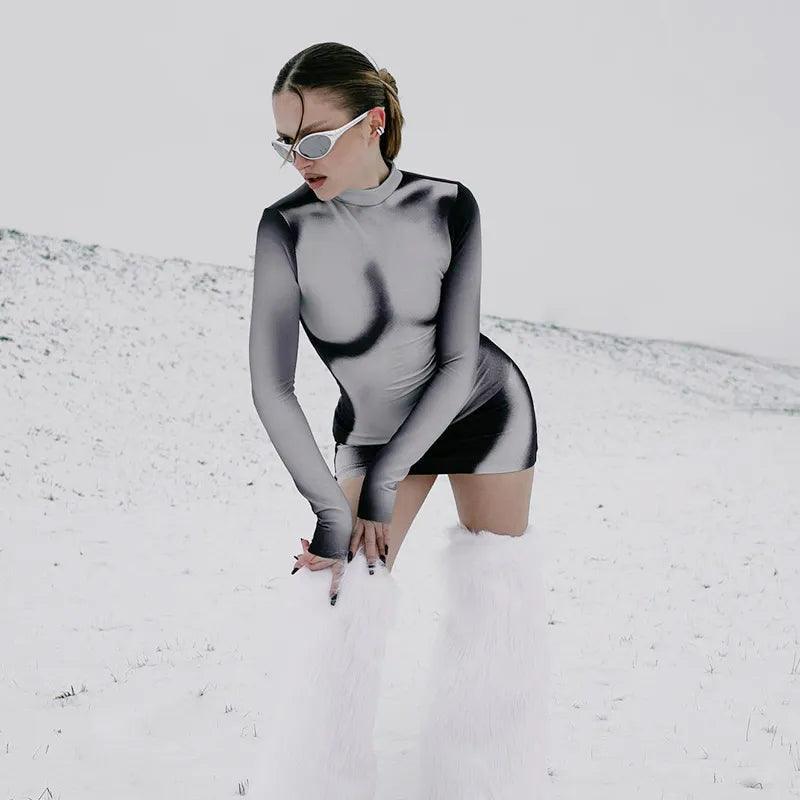 Crazy Girl Body Printed Long Sleeve Mini Dress - Black & White / S - Mermaid Way