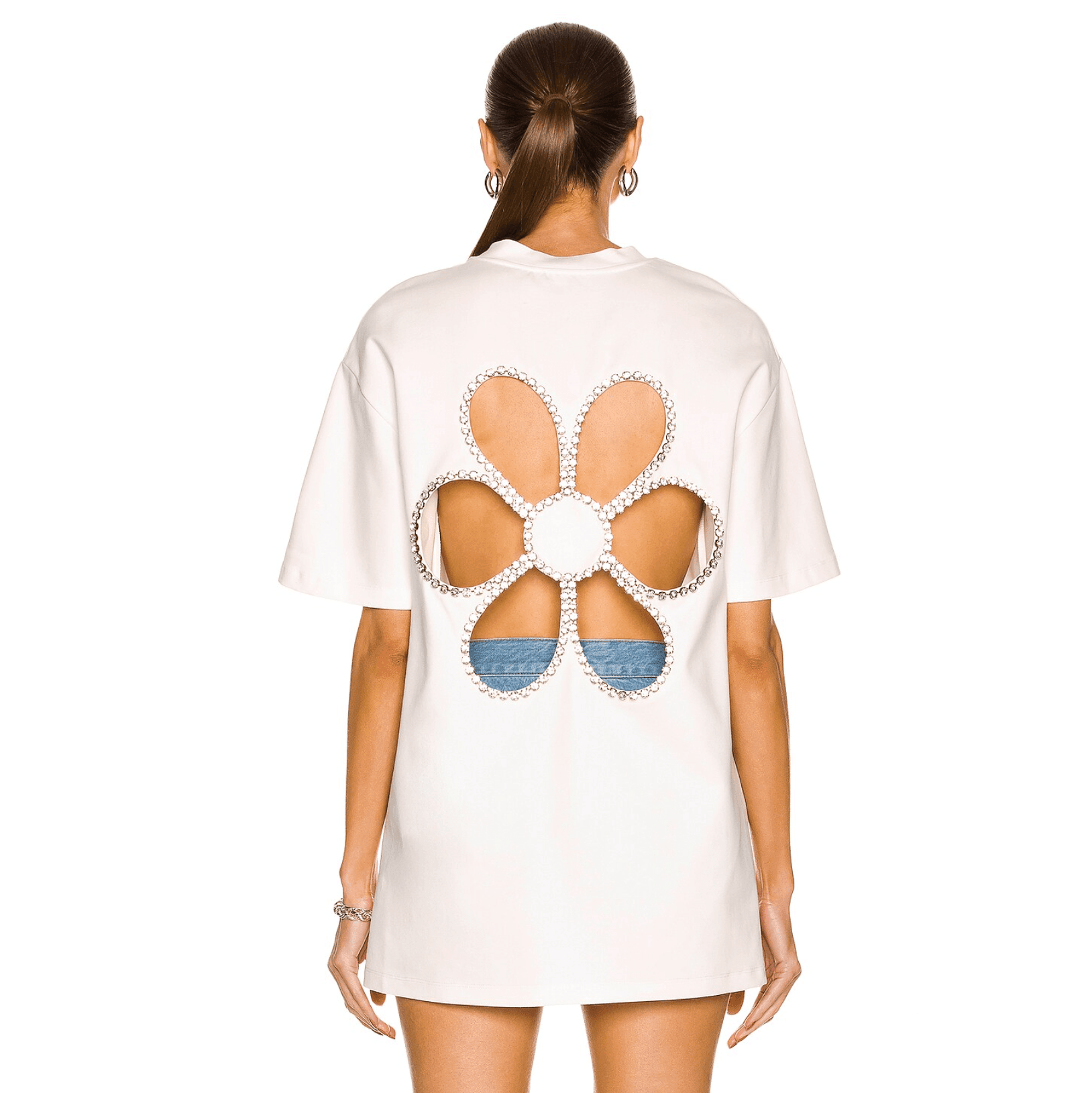 Back cutout t-shirt dress with floral design, casual statement piece