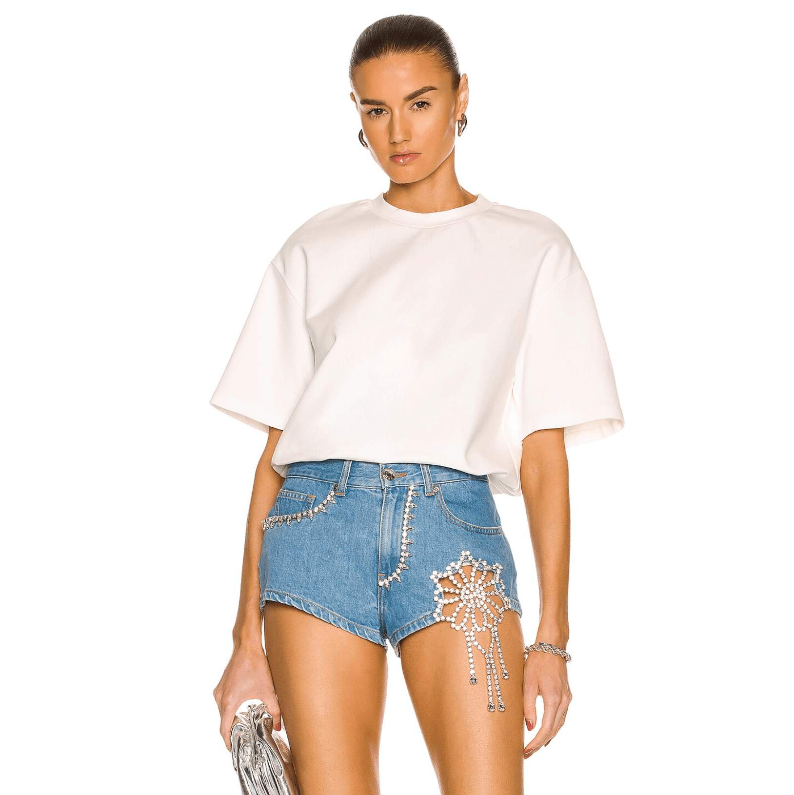 Denim shorts with rhinestone embellishments, casual chic look