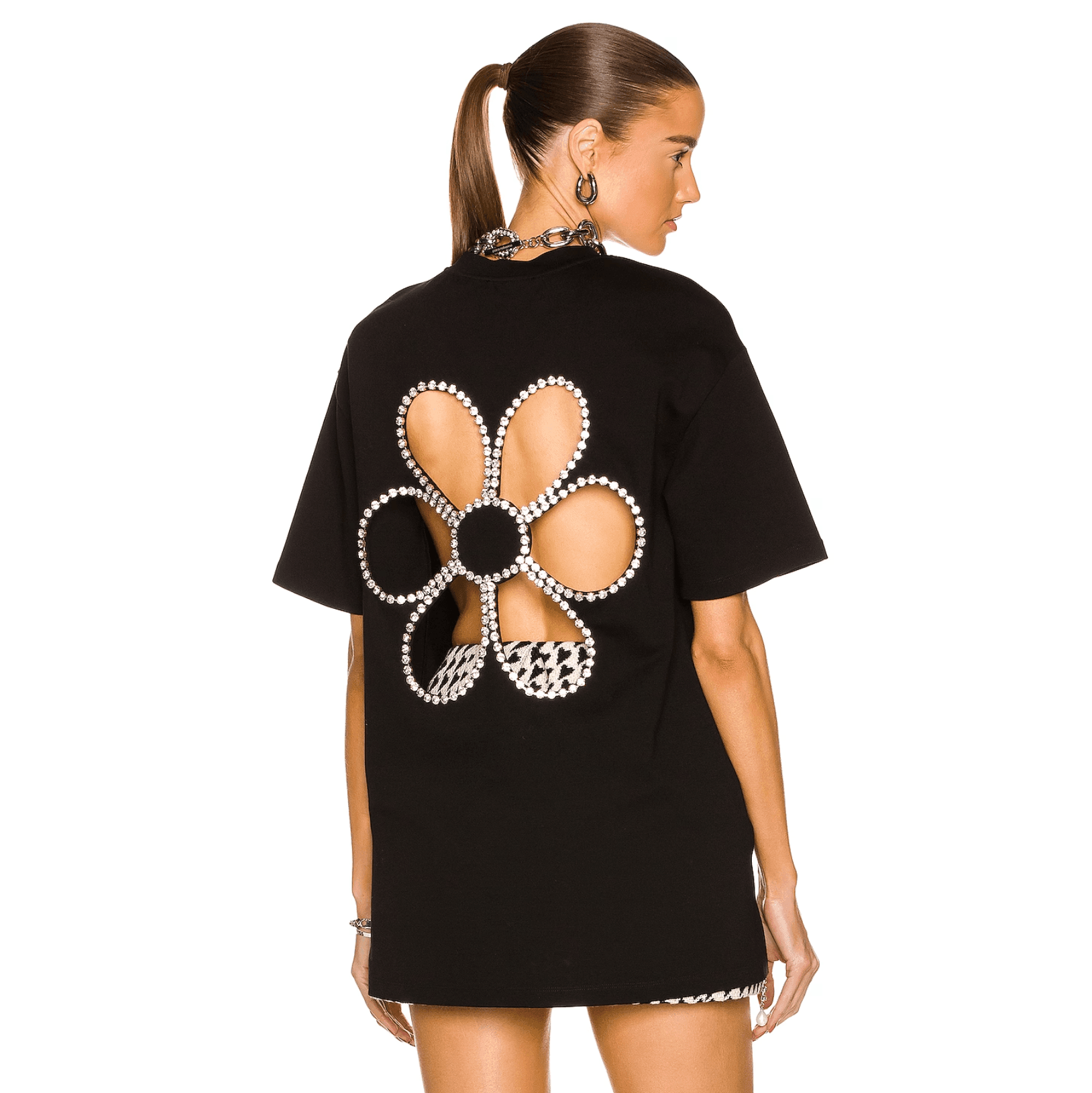 Black oversized t-shirt with cut-out floral design and rhinestone detailing, casual chic style