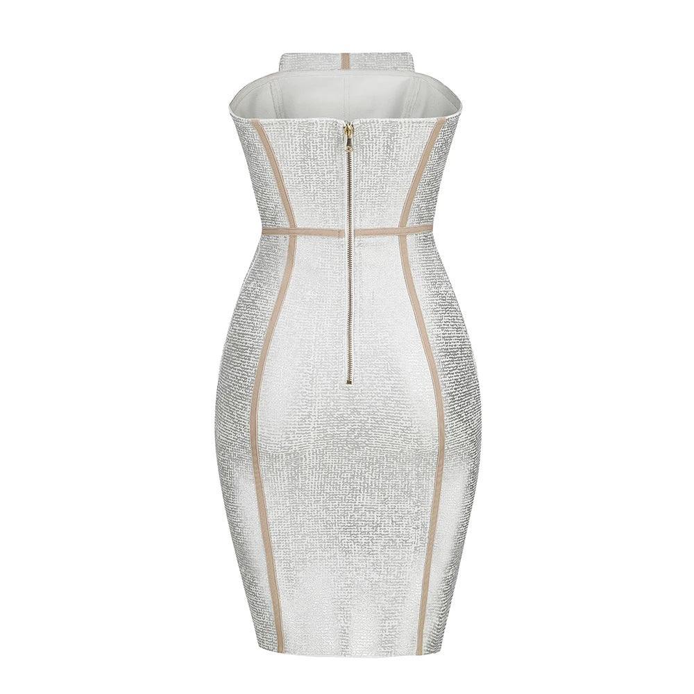 Strapless bodycon mini dress with front zipper, party outfit.