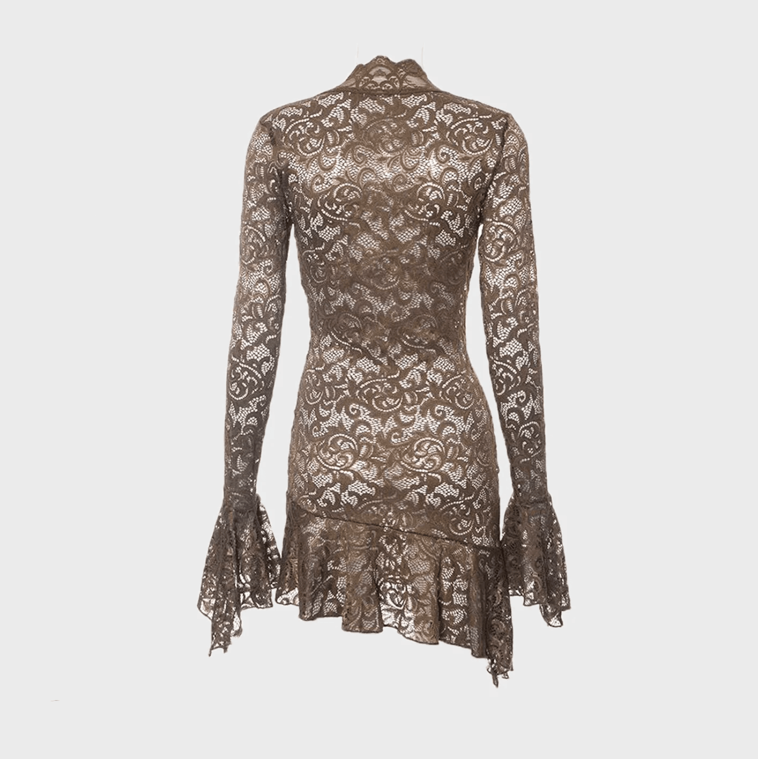 Brown lace mini dress with long sleeves and flared cuffs, styled with a fitted silhouette for a chic look.