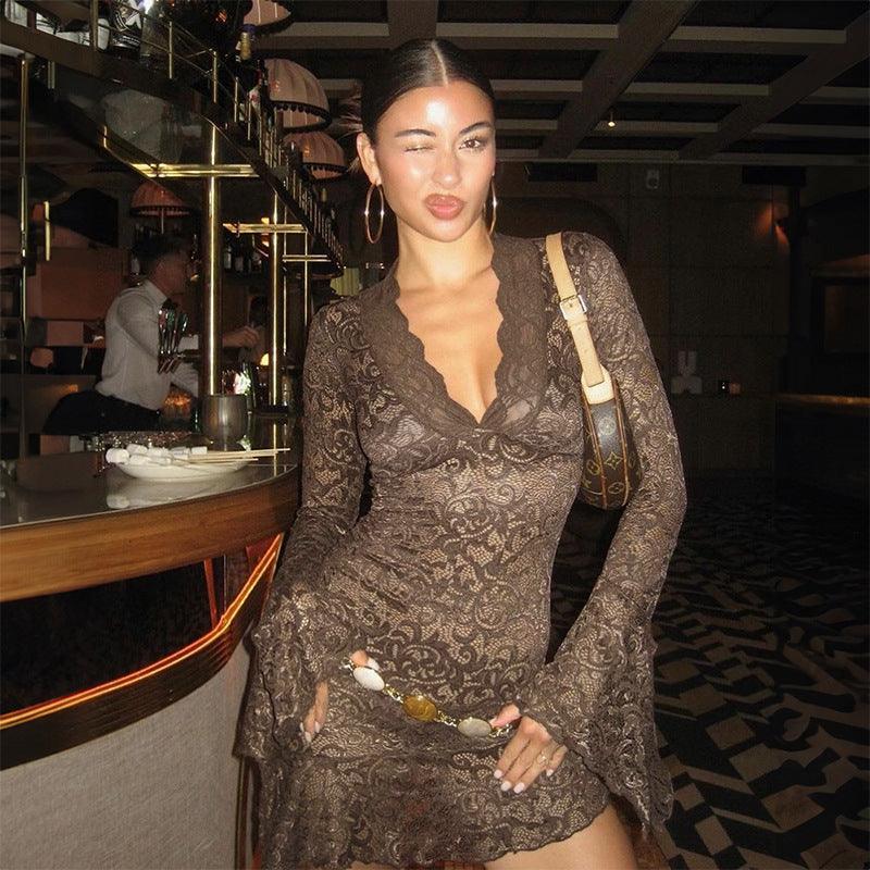 Dance On My Own Lace Mini Dress - Brown / S - Mermaid Way