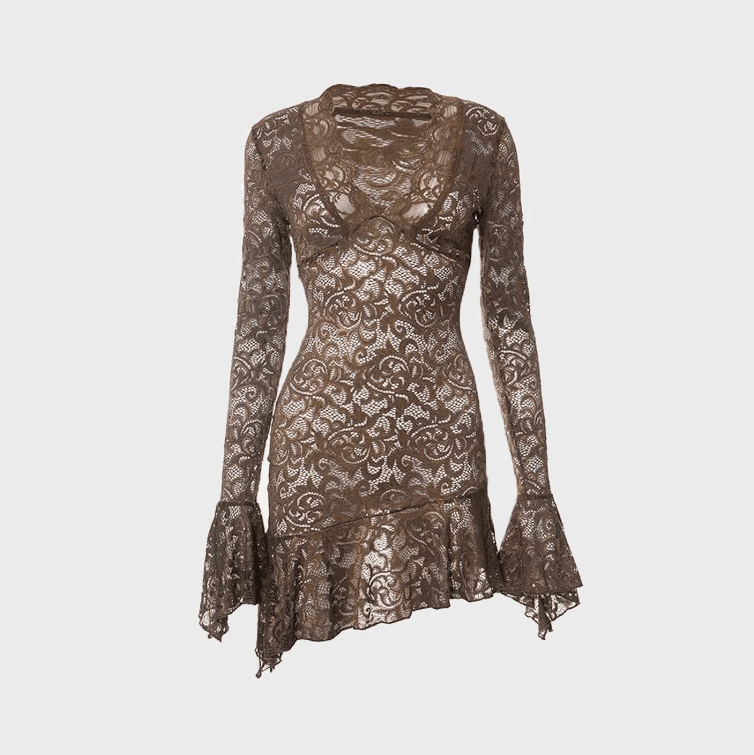 Brown lace mini dress with long bell sleeves and a flared hem, styled for a chic, layered look. Perfect for a night out.