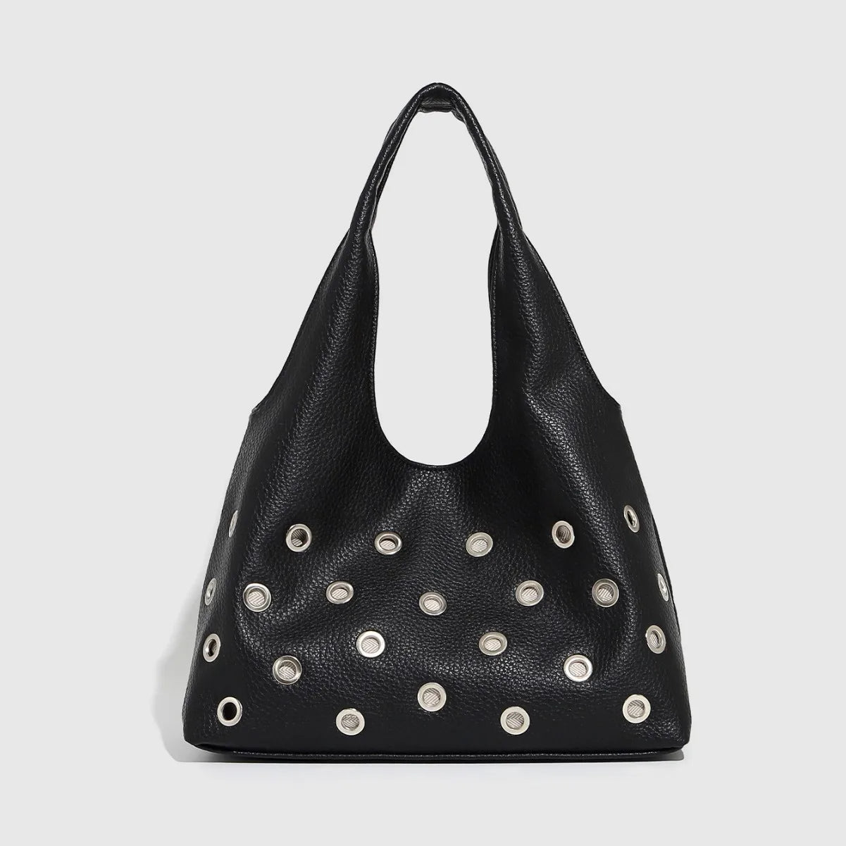Dark Orbit Leather Rivet Shoulder Bag - Edgy Black Handbag