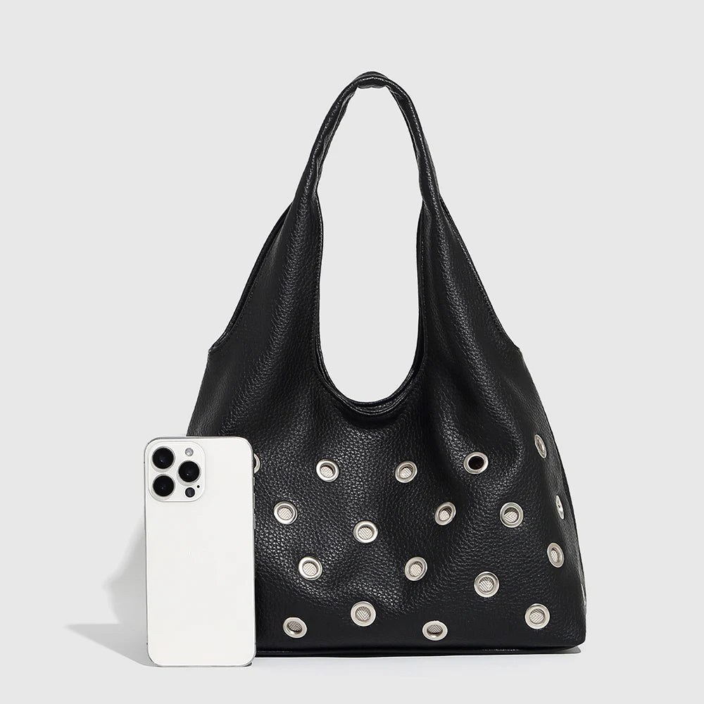 Black studded hobo bag, casual and versatile accessory
