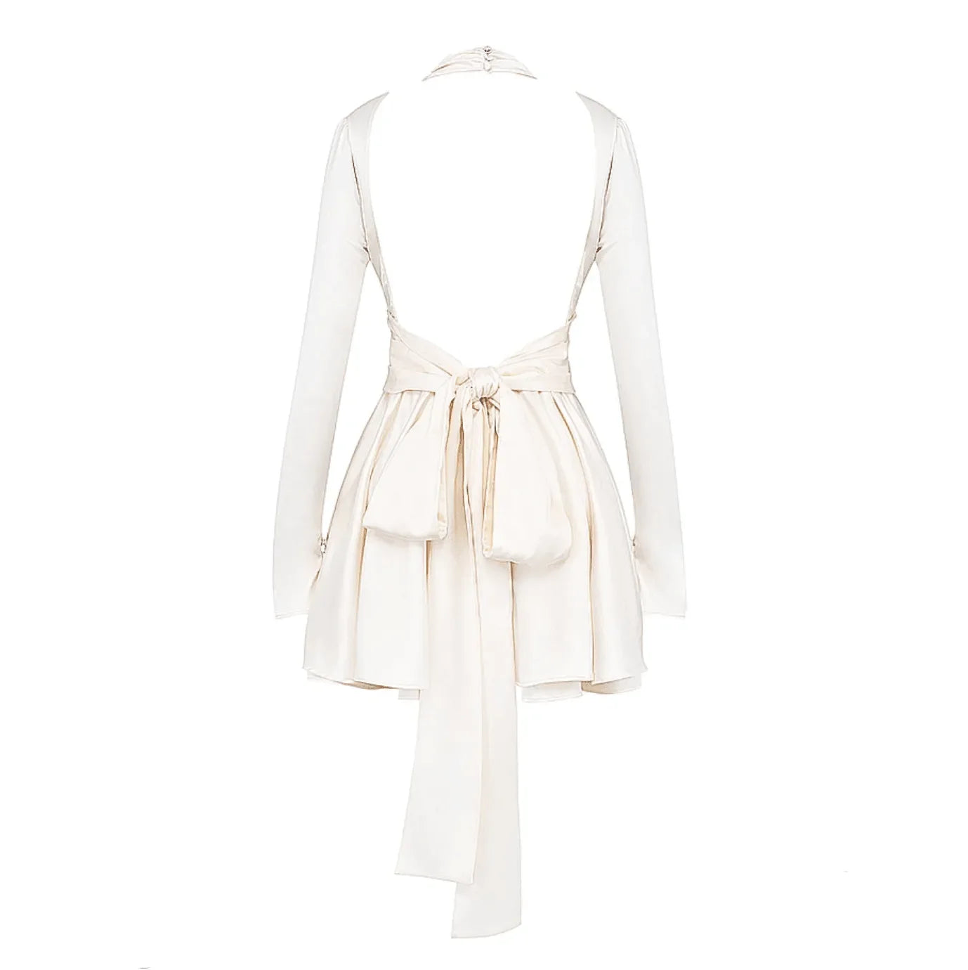 Backless long-sleeve mini dress with tie detail, elegant eveningwear.