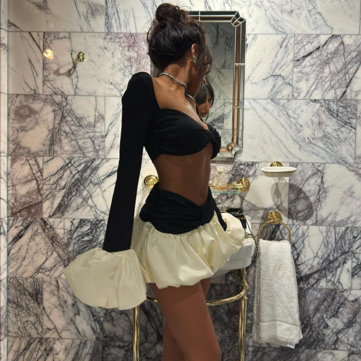 best dress color for black hair Day By Day Long Sleeve Ruffled Two Piece Set ‍ ️Mermaid Way, Black & Cream / S