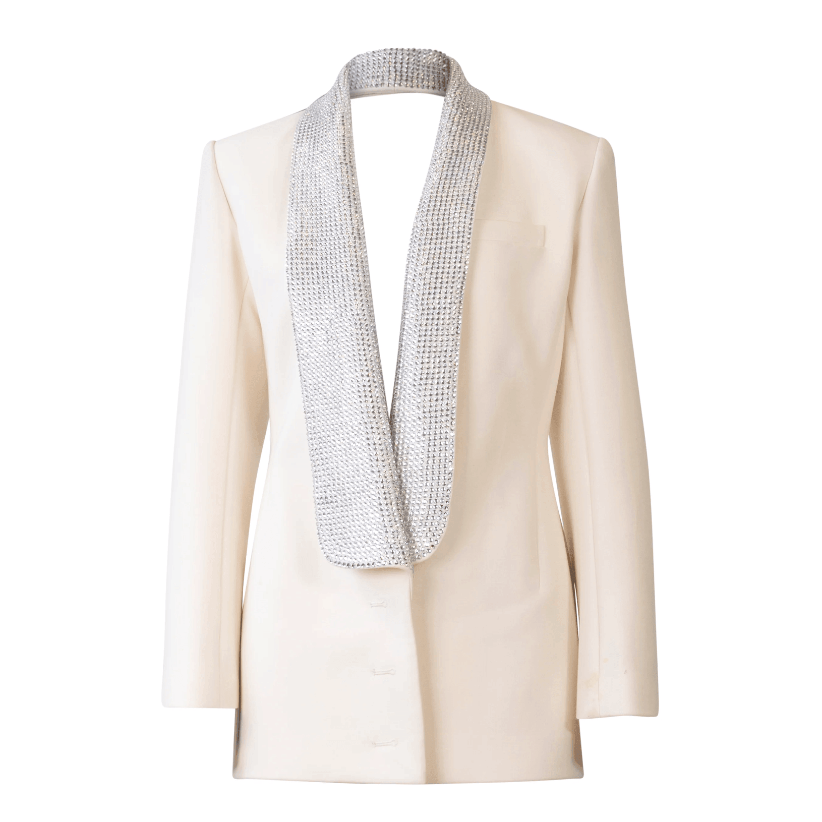 White blazer with rhinestone shawl collar, chic evening wear.
