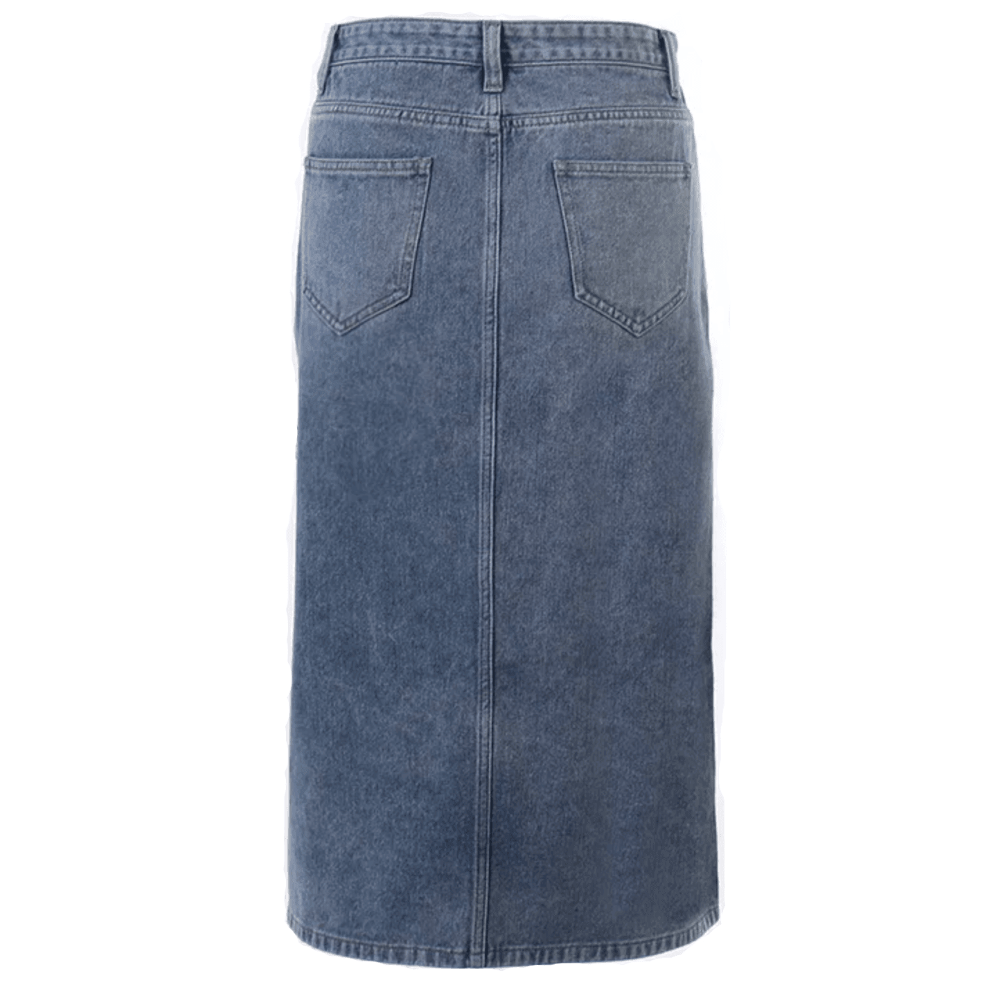 Denim midi pencil skirt with back pockets, casual everyday wear.