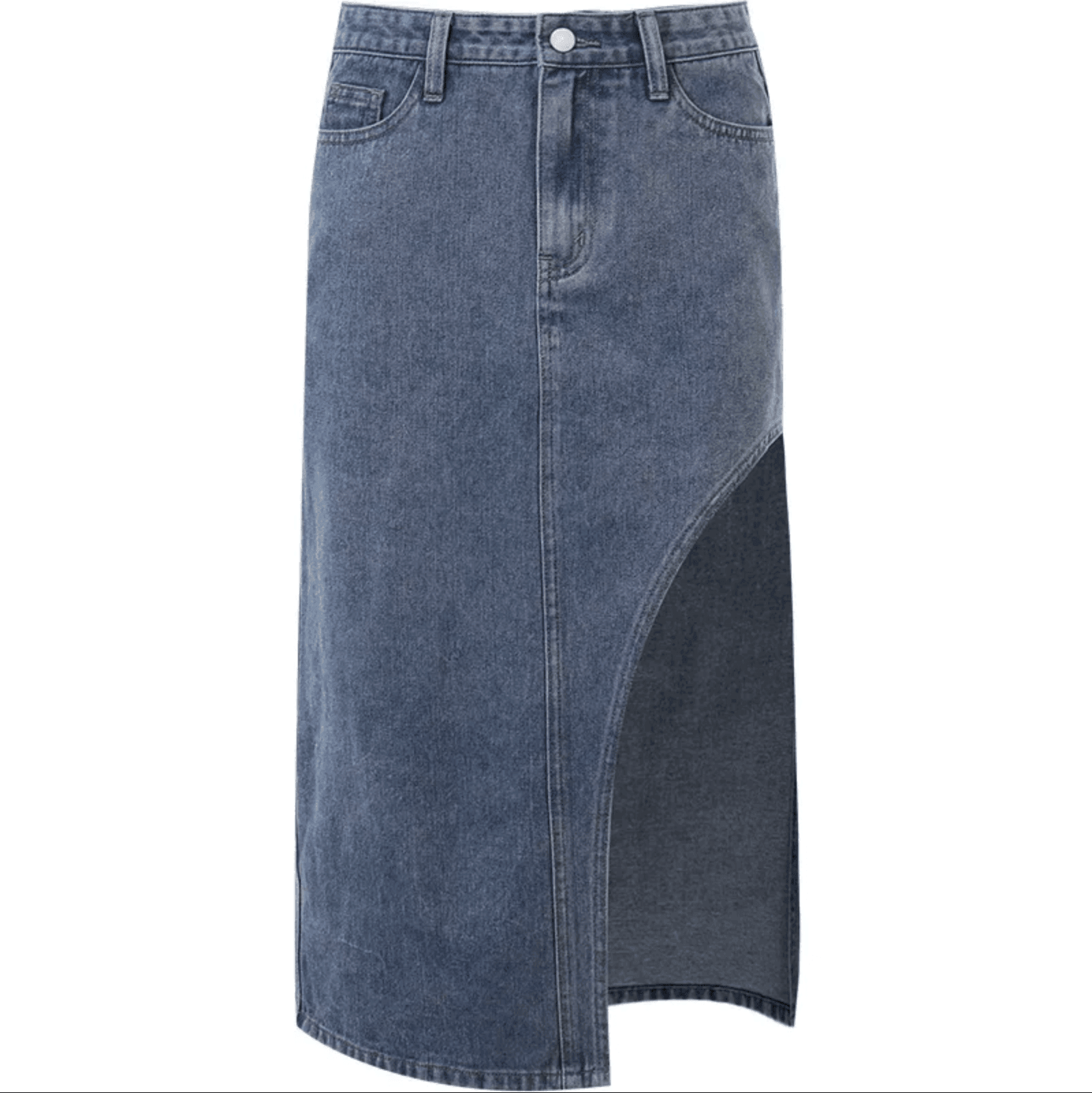 Denim midi skirt with asymmetric hemline.