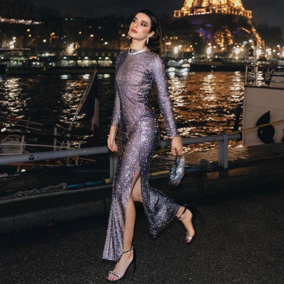 Diamond Dusk Rhinestone Maxi Dress - Beige / XS - Mermaid Way