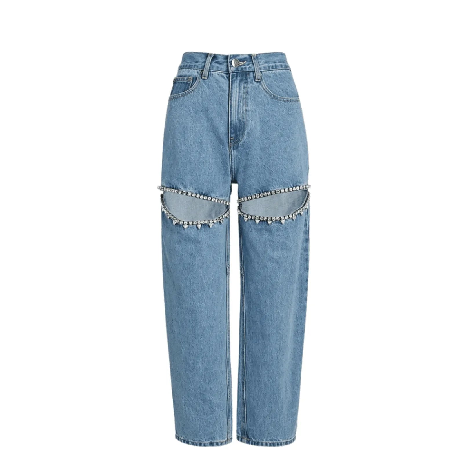 Denim jeans with crystal embellishments, casual chic style.