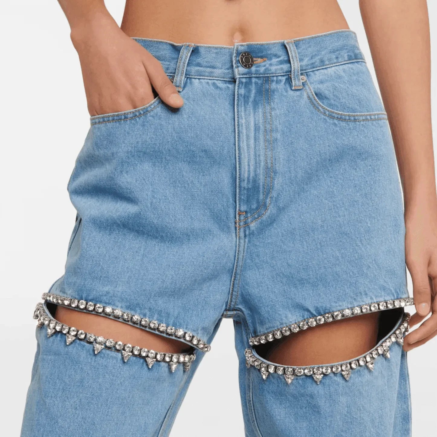 denim jeans with rhinestone embellished cutouts