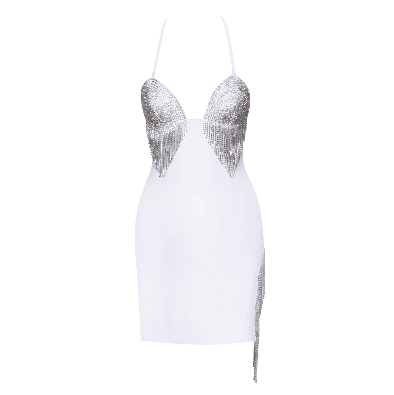 White mini dress with silver sequin embellishments, party and night-out style