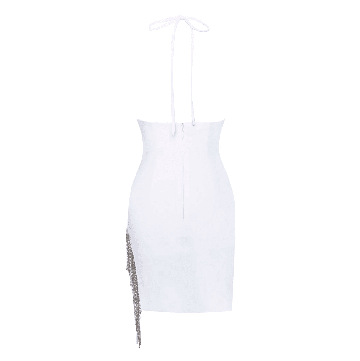 Halter-neck bodycon midi dress with rhinestone fringe, evening party attire