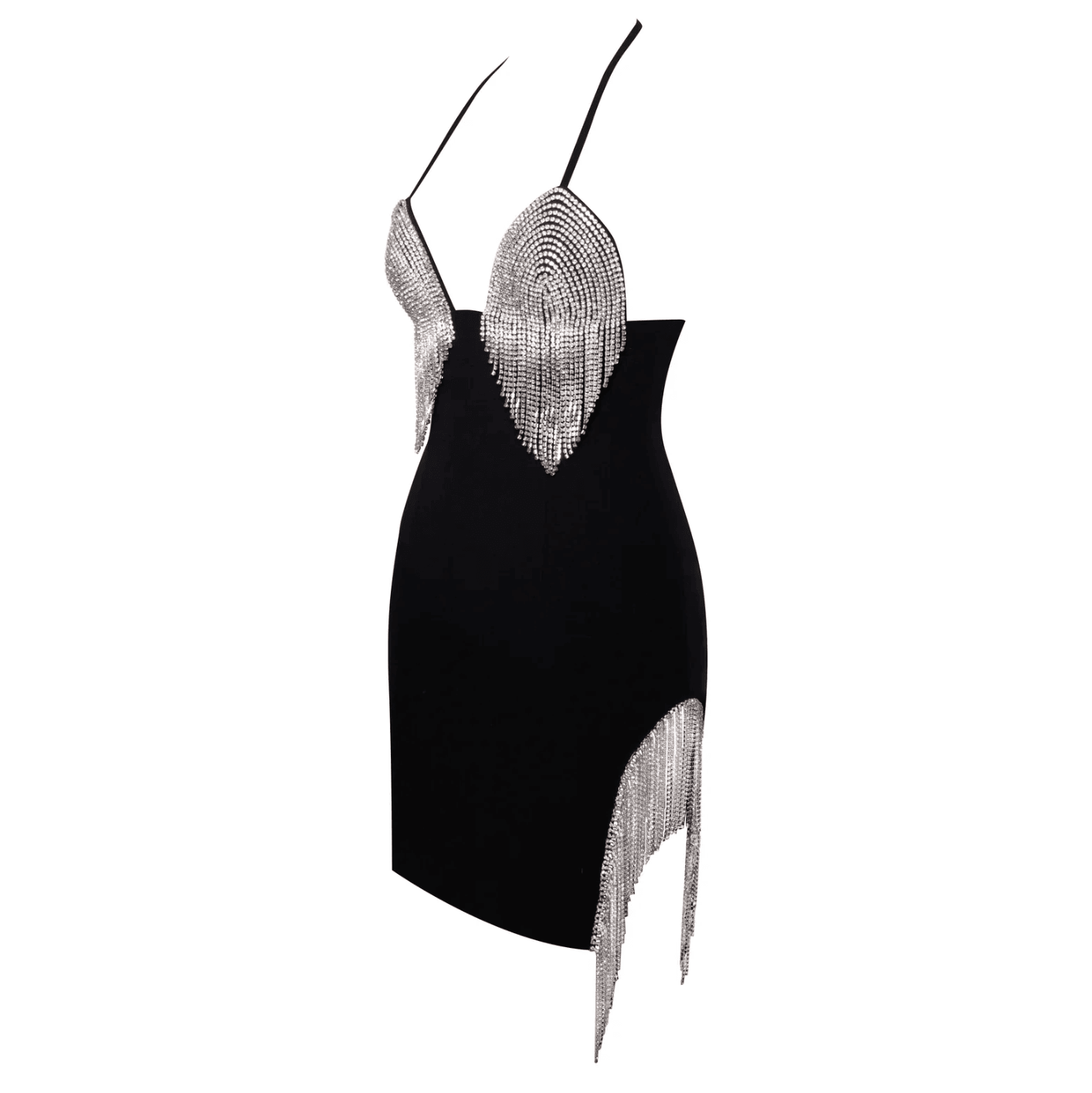 Black bodycon dress with silver fringe details, ideal for a night-out look.