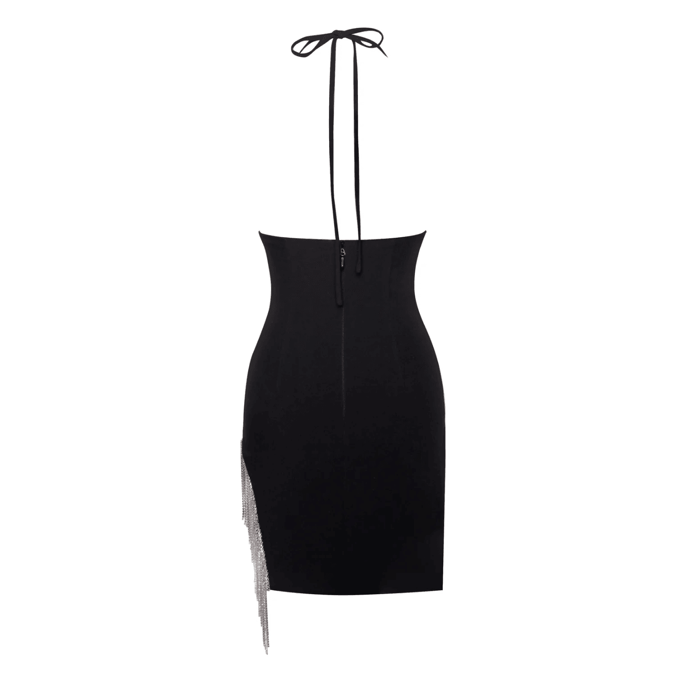 Halter neck mini dress with crystal fringe detailing, chic party outfit.