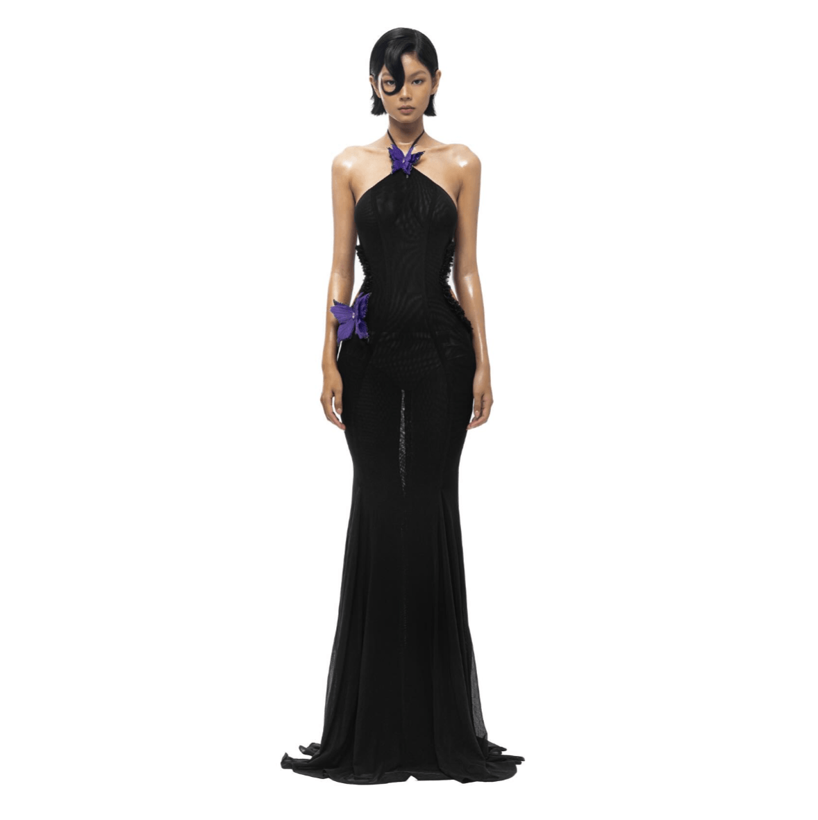 Black halter-neck maxi dress with purple floral details, elegant evening wear.
