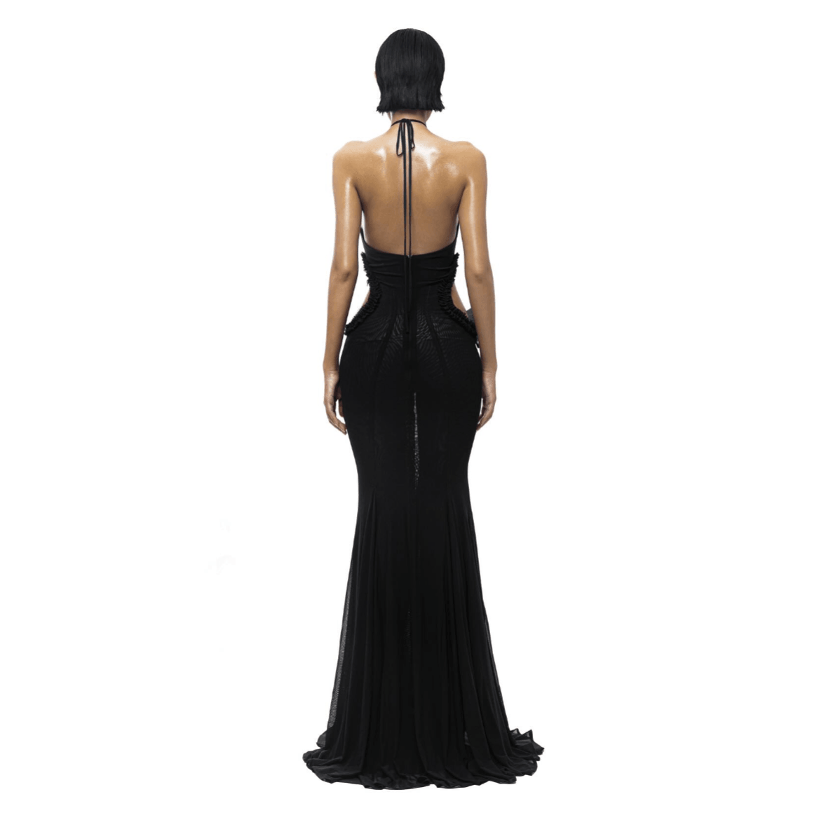 Backless halter-neck black gown, elegant evening wear.