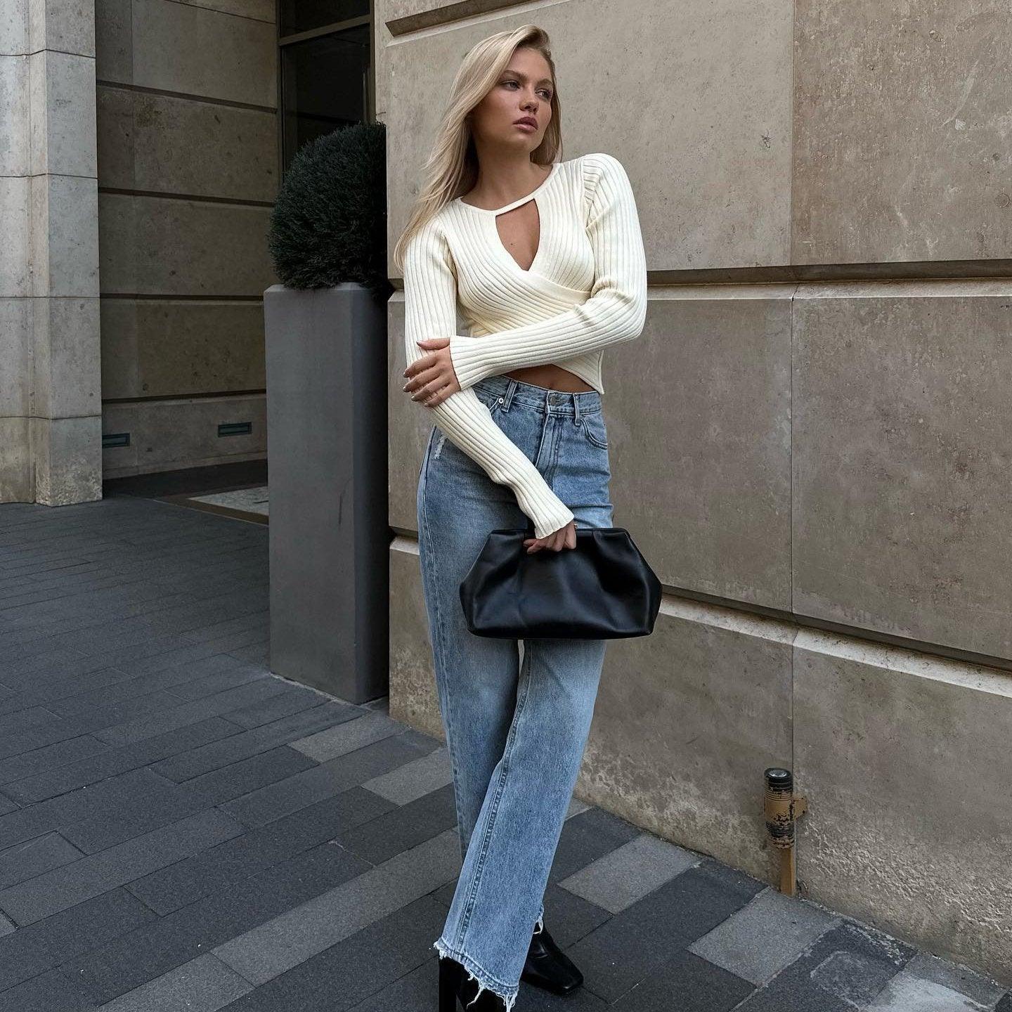 ribbed long-sleeve cropped top with cut-out, casual outfit