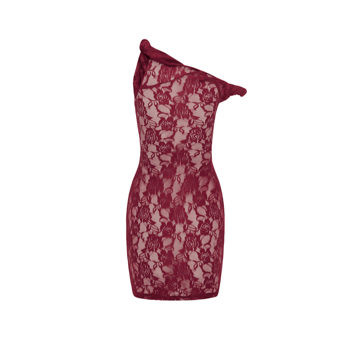 Burgundy mini dress featuring intricate lace, one-shoulder design, and a fitted silhouette for a chic, night-out look.