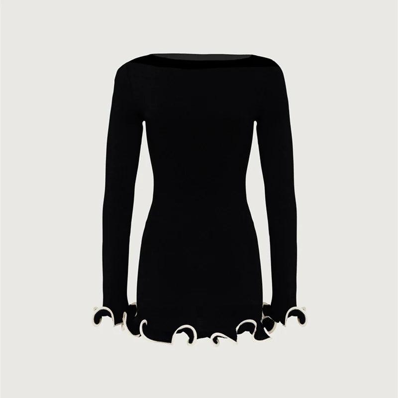 Long-sleeve black mini dress with frilled hem, party and evening wear.